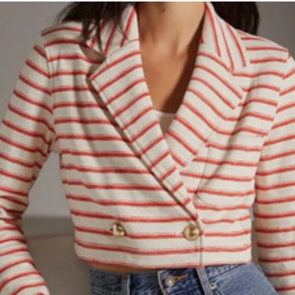 Maeve Cream and Red Striped Cropped Double-Breasted Jacket